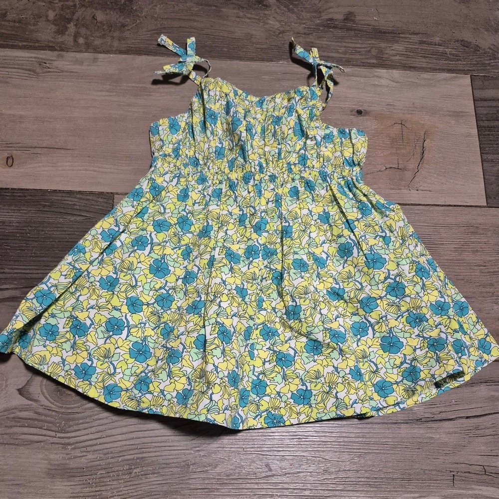 Crewcuts J Crew Girls Yellow Blue Floral Cotton Sun Dress Tie Straps Size 2